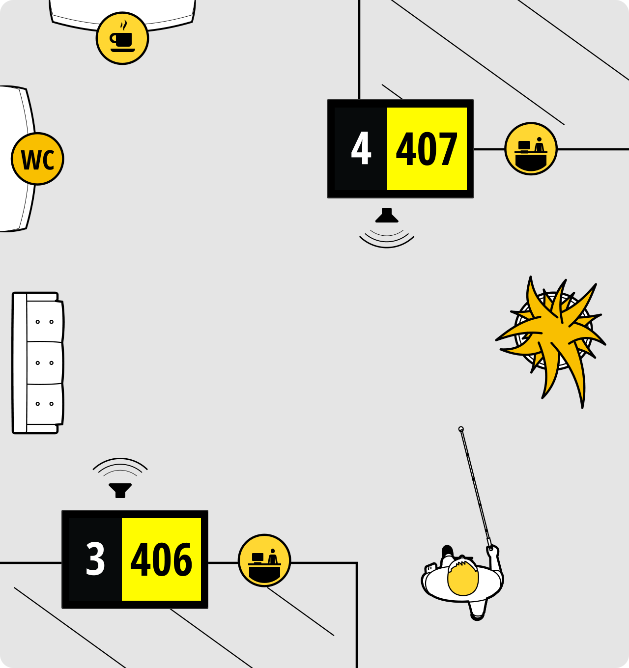 Изображение, показывающее незрячего человека, идущего на звук от окна оператора, а также окружение: препятствие (цветочный горшок) у него на пути, кофейный аппарат и дверь в туалет