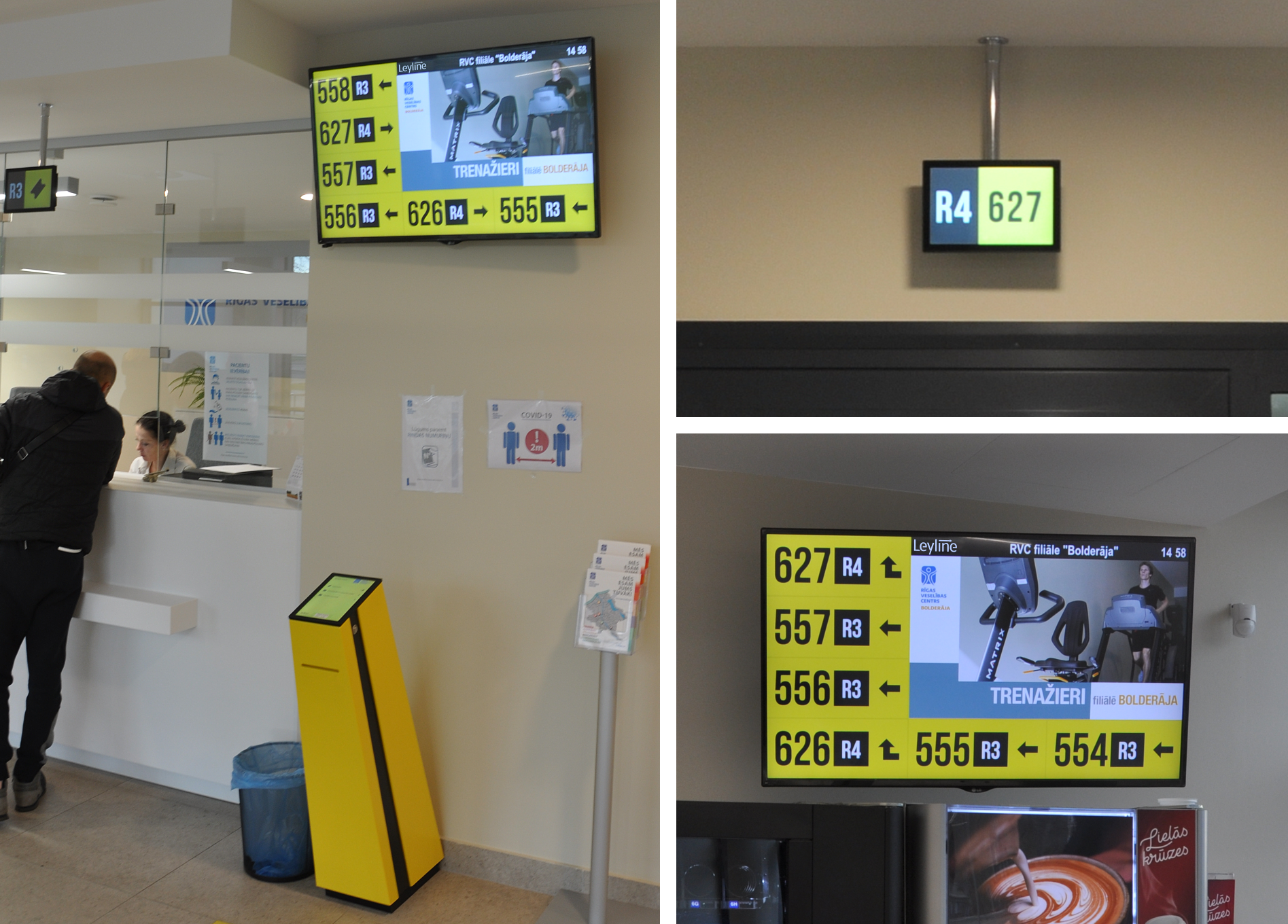 На слайде фотография билетного терминала в поликлинике, большой экран с вызванными номерами, маленький экран над оператором в контрастных цветах