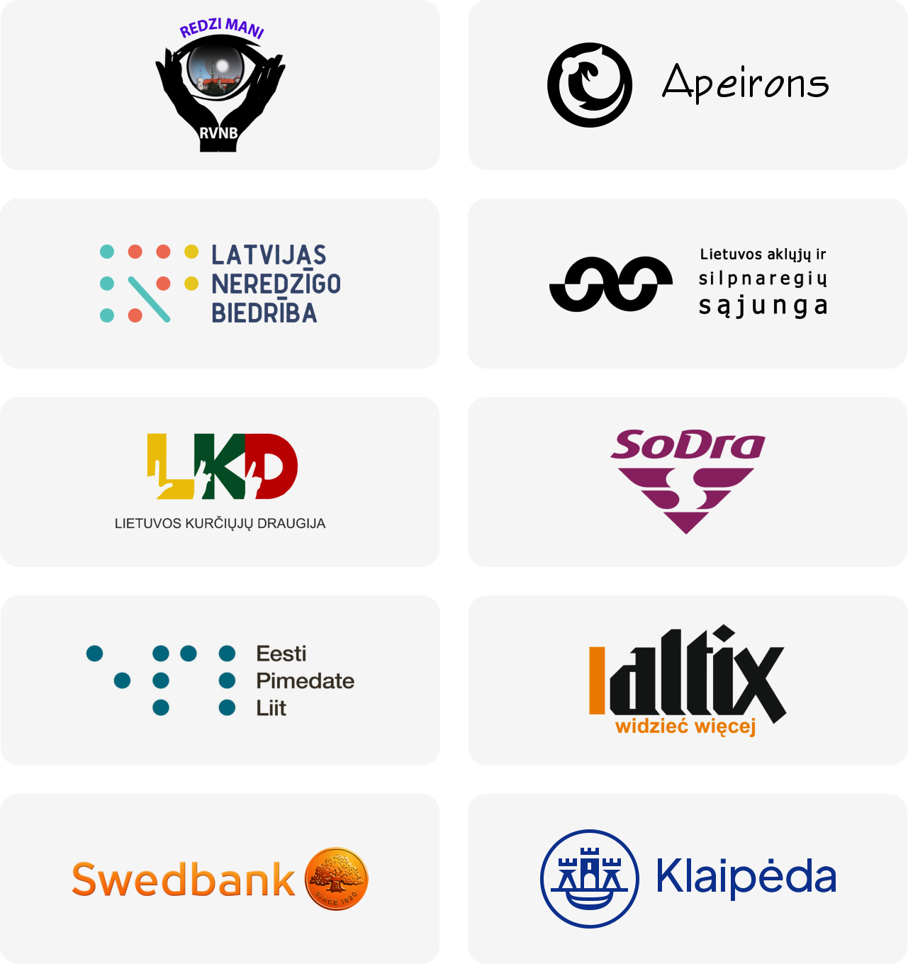 На слайде логотипы тех, кто помогал сделать систему Leyline более доступной:
сообщества 'Redzi mani' (Латвия)
Apeirons (Латвия)
Latvijas Neredzīgo biedrība (Латвия)
Lietuvos aklųjų ir silpnaregių sąjunga (LASS, Литва)
Lietuvos kurčiųjų draugija (LKC, Литва)
SoDra (Литва)
Eesti Pimedate Liit (Эстония)
Altix (Польша)
Swedbank (Латвия, Литва, Эстония)
Klaipėdos miesto savivaldybė (Литва)