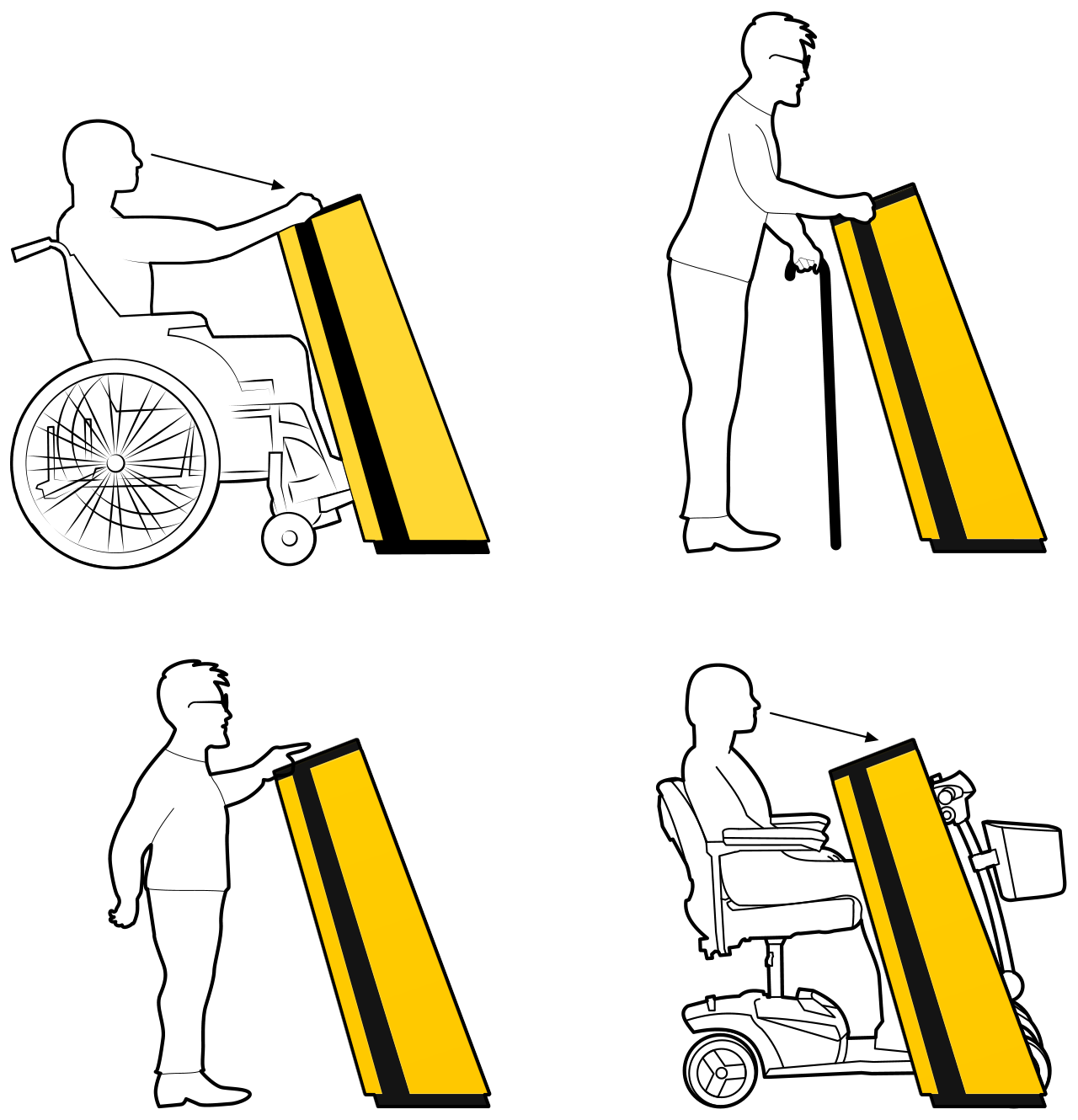 Изображение терминала Leyline и человека в коляске, человека с тростью, опирающегося на терминал, человека низкого роста и человека на электро-коляске, изображение показывает возможность использования всей области этими группами людей.