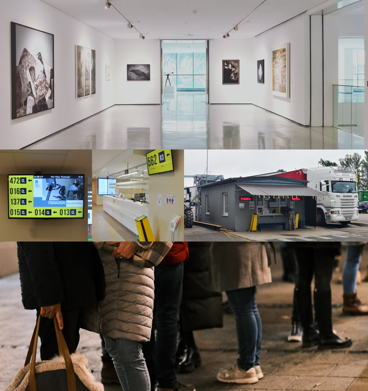 Изображение с фотографиями: музея, экрана с номерами очереди, терминала очереди в поликлинике, терминалов очереди на сельхоз предприятии и живой очереди людей