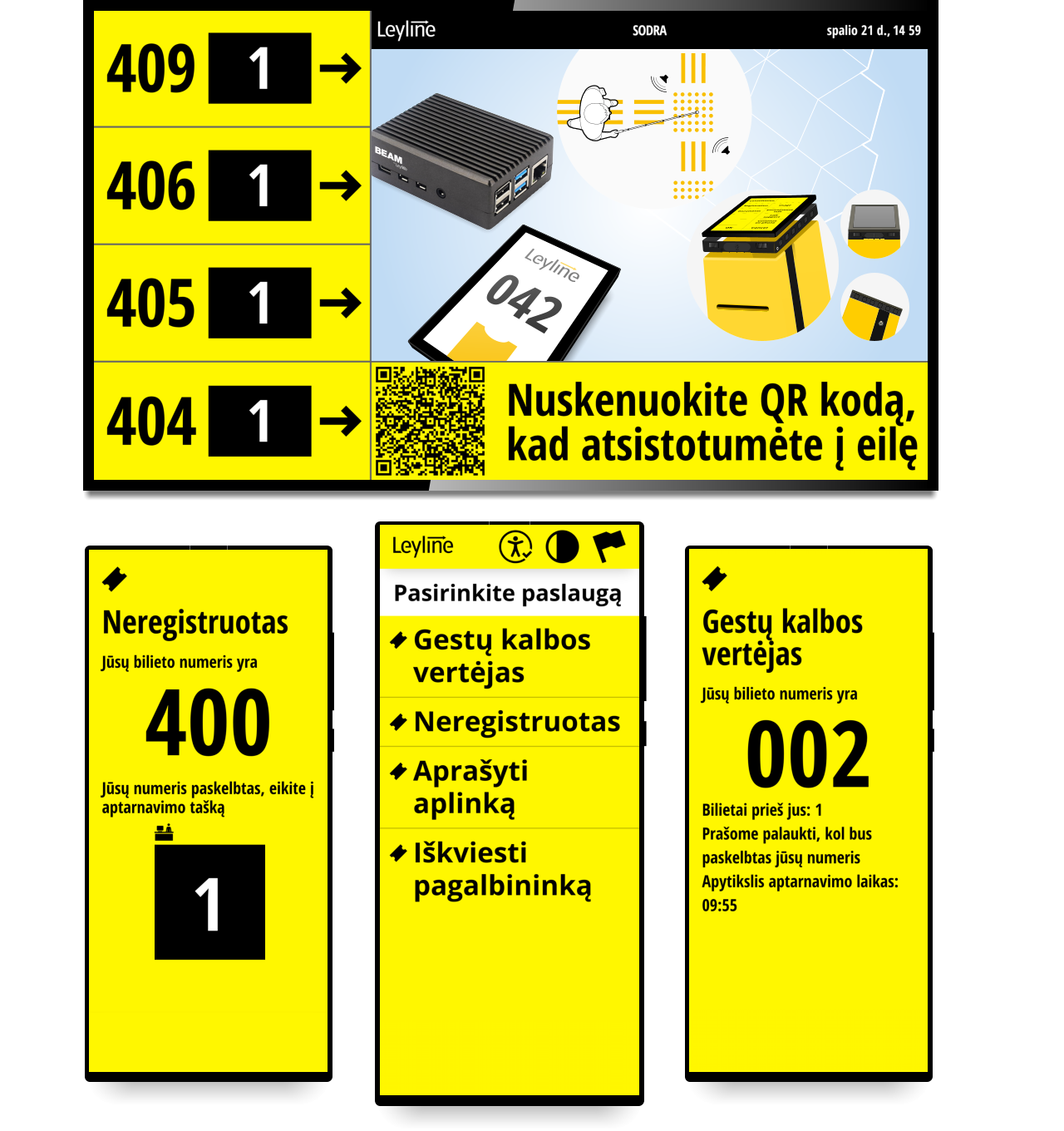 Изображение, показывающее экран с QR кодом, экран мобильного телефона со списком услуг, экран с взятым билетом и экран с вызванным билетом